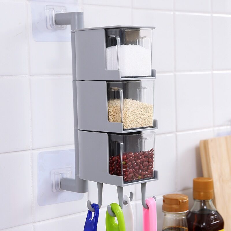 Kitchen Organizer Storage Box Seasoning Jar Bottle Wall Hanging Spice Rack Rotatable Sugar Salt Condiment Container Kitchen Tool: gray3