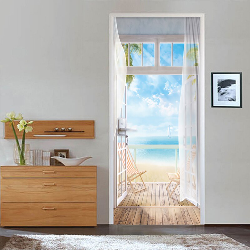 PVC Self-Adhesive Waterproof Door Sticker Modern Seascape Outside Mural Wallpaper Living Room Bedroom Door Poster 3D Home Decor