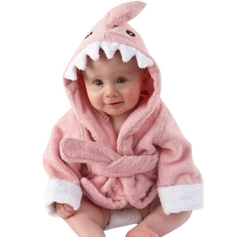 Bebê meninas dos desenhos animados com capuz roupão criança toalha de banho robe bonito inverno roupas de bebê pijamas de inverno com cinto: Pink Shark