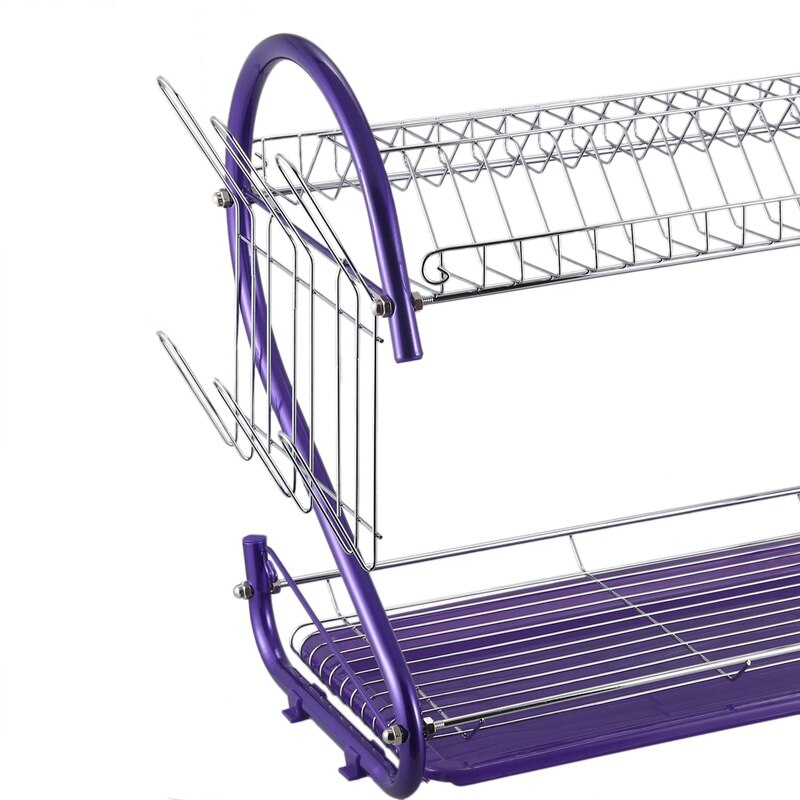 iron 2 Tiers Kitchen Dish Cup Drying Rack Drainer (Color:purple)