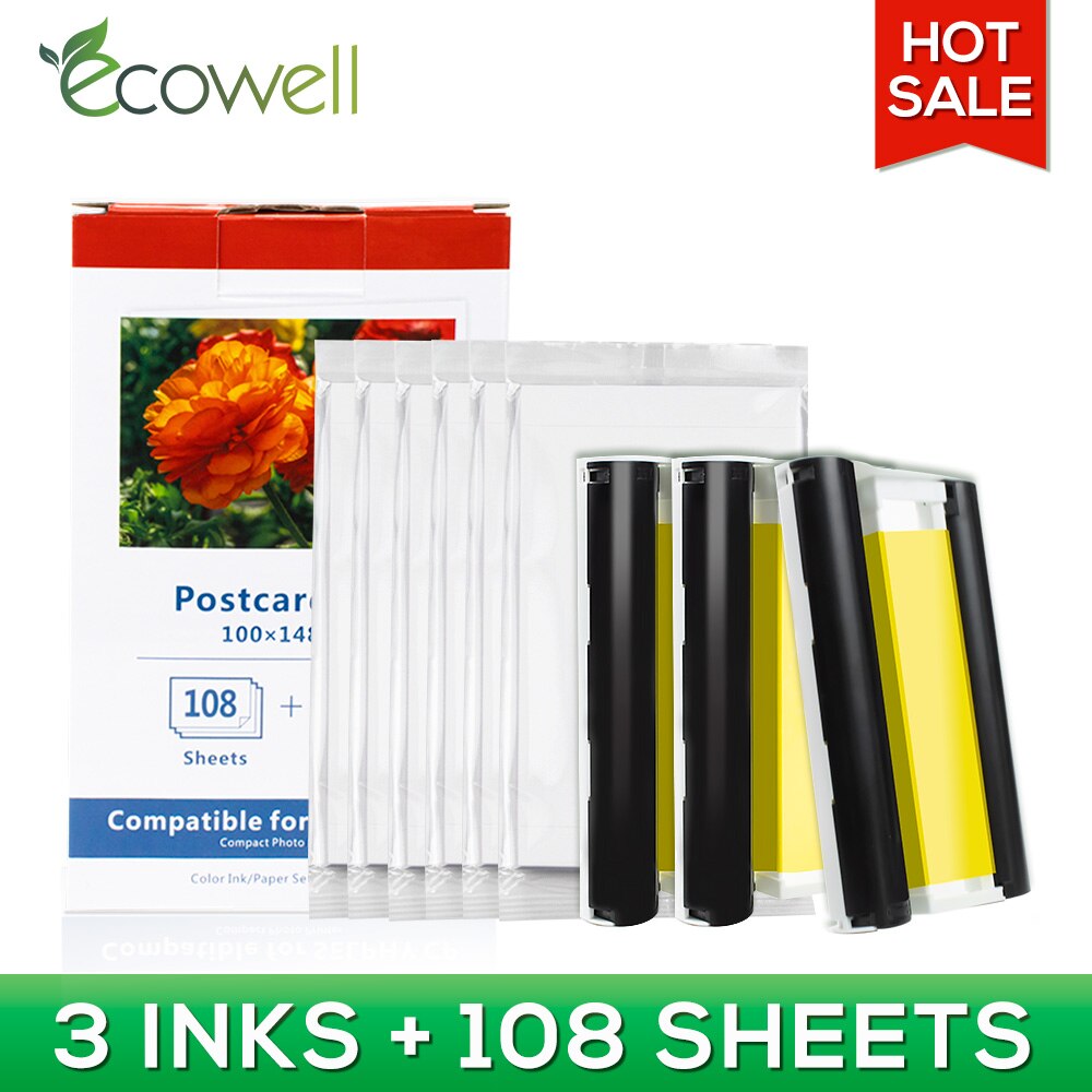 ECOWELL compatible for Canon Selphy Color Ink Paper Set Compact Photo Printer CP1200 CP1300 CP91CP910 CP900 KP 108IN KP 36IN: 3ink 108sheets