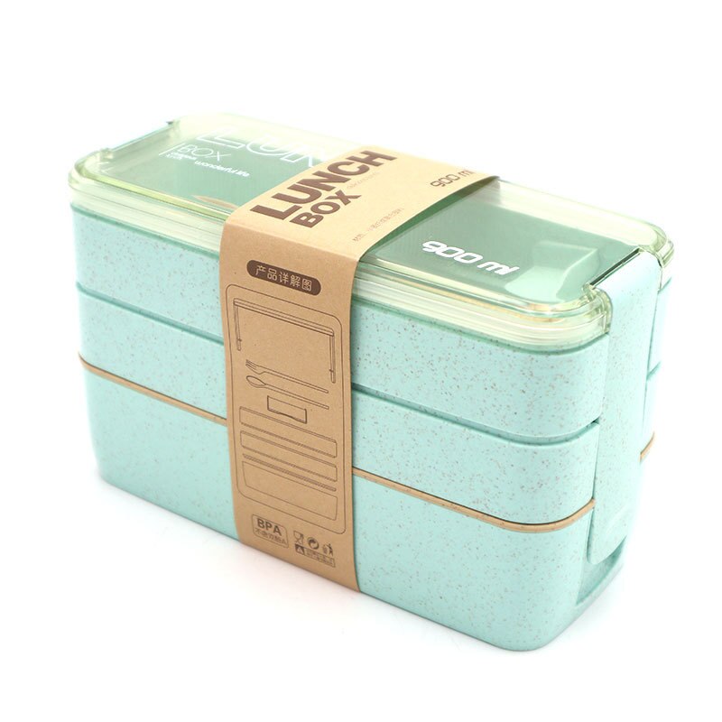 900ml Healthy Material 3 Layers Lunch Box Wheat Straw Bento Boxes Microwave Dinnerware Food Storage Container Lunchbox: 3 Layer Green New