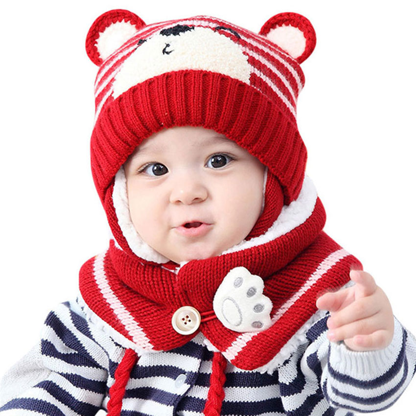 Unisex børn tegneserie bjørn stribe hatte og tørklæde baby kasket sæt pige dreng kasket tørklæde sæt barn vinter ørebeskyttere hat tørklæde varm dragt