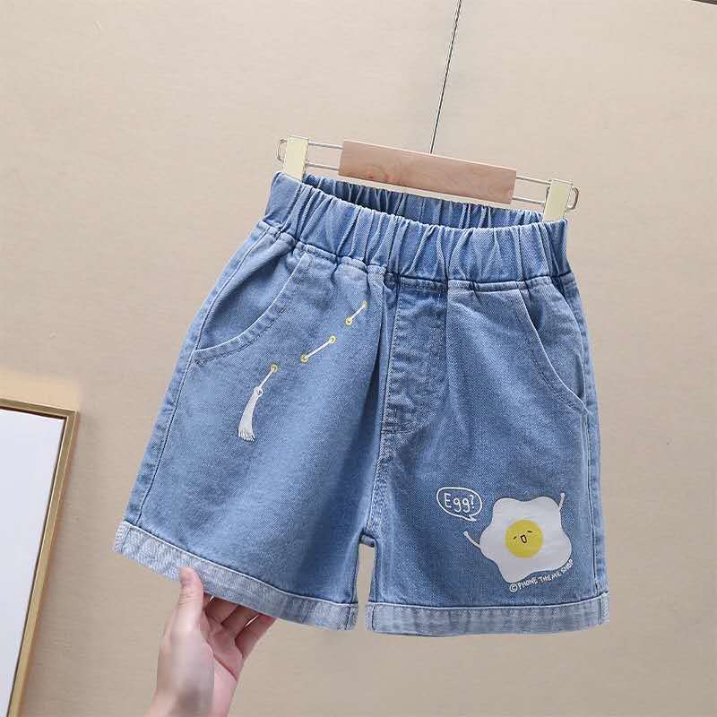 Summer Teenage Girls Denim Shorts Kids Egg Pattern Short Pants Children Clothes Big Girls Loose Shorts for Girls 8 10 12 14 16