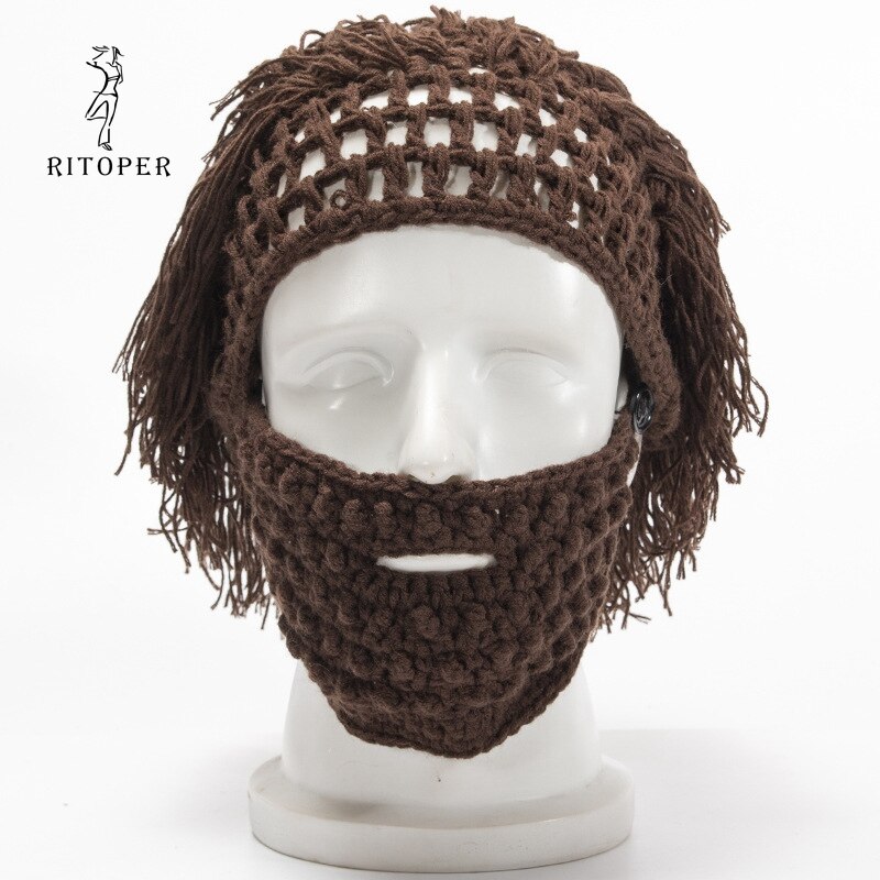 RITOPER Wig Beard Hats Hobo Mad Scientist Caveman Handmade Knit Warm Winter Caps Men Women Halloween Funny Party Beanies