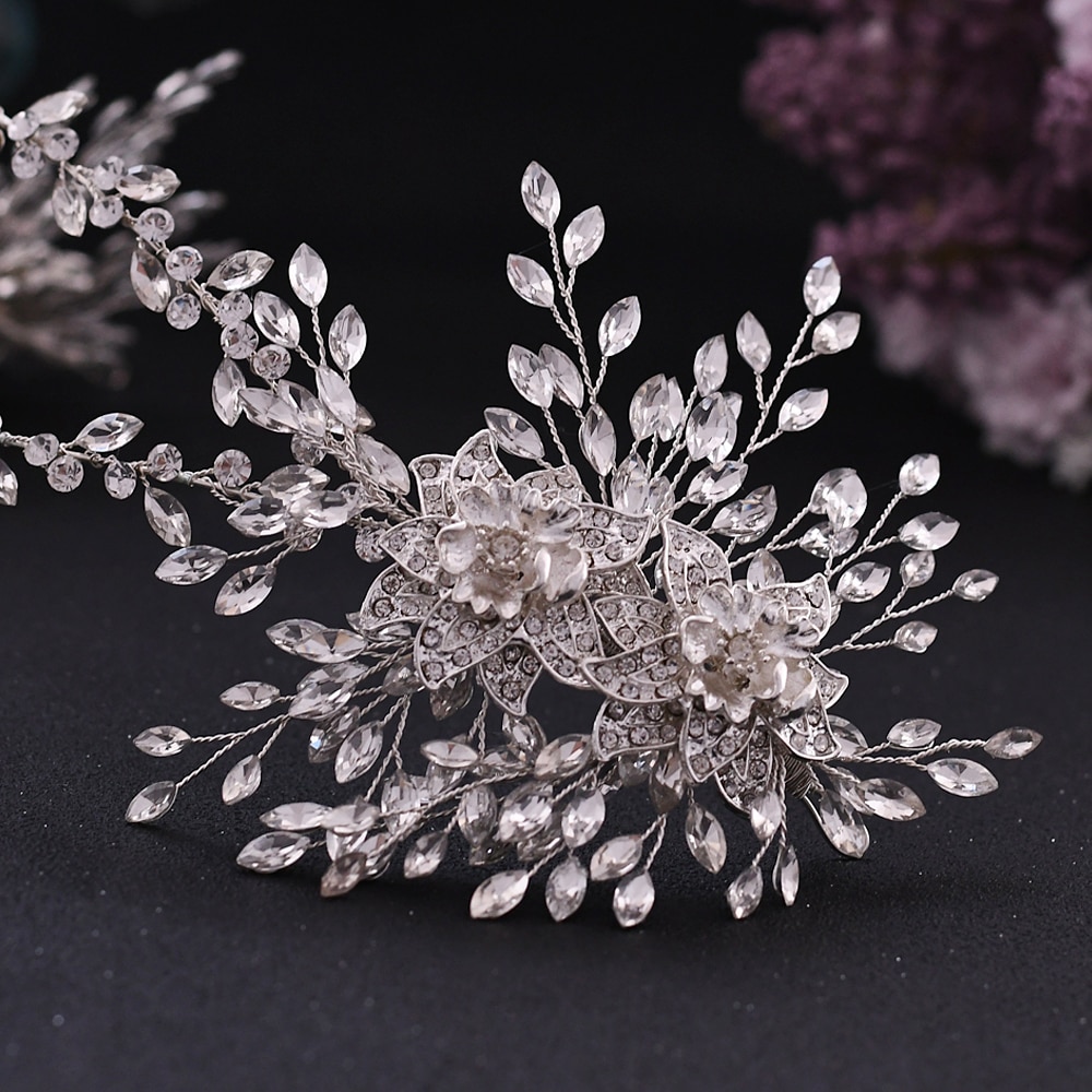 Trixy H284 Luxe Bridal Hoofdband Sieraden Hoofdband Bruiloft Haar Accessoires Prinses Kroon Zilveren Bloem Hoofddeksel