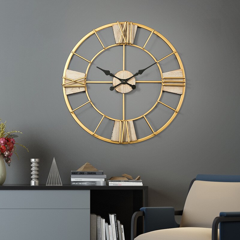 Nordic Metal Roman Numeral Wall Clocks Retro Iron Art Gold Large Hanging Ornament Home Decoration Wall Clock 40cm