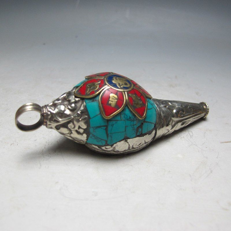 Chinese Oude Oude Turquoise Fijne Sieraden & Tibetaans Zilveren Conch metalen handwerk