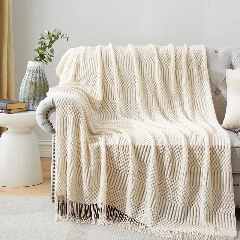 Weiße Boho-Überwurfdecken, strukturierte große Strickdecken, klobige Jahrgang-Luxus-Überwurf-Tagesdecke, Deckenbezug, Manta Para Sofá