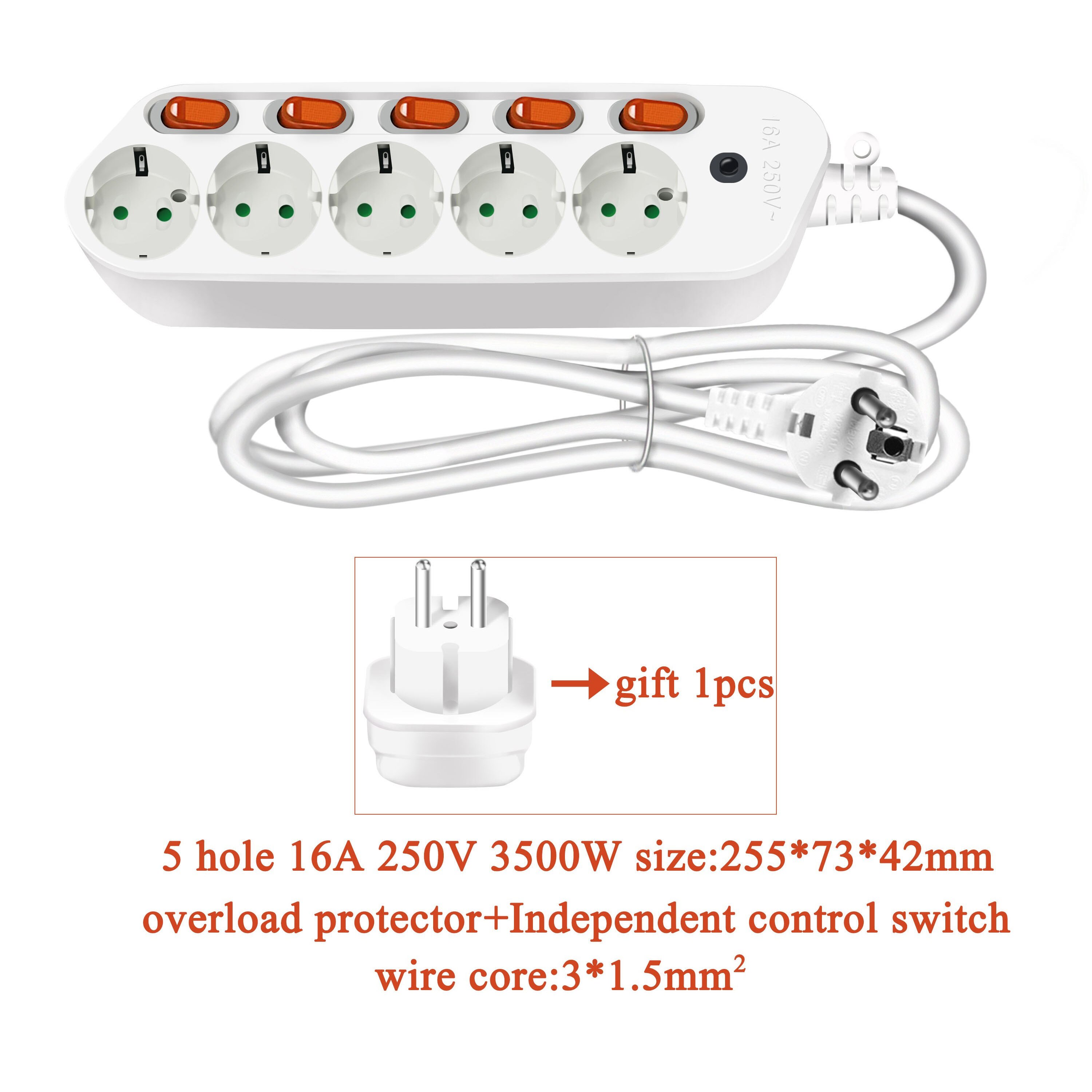 Hight Extension Cord Socket EU Plug Socket Separate Switch Control Power Strip with 2USB Charger Socket: EU PLUG L1.5M / 5 AC EU outlet