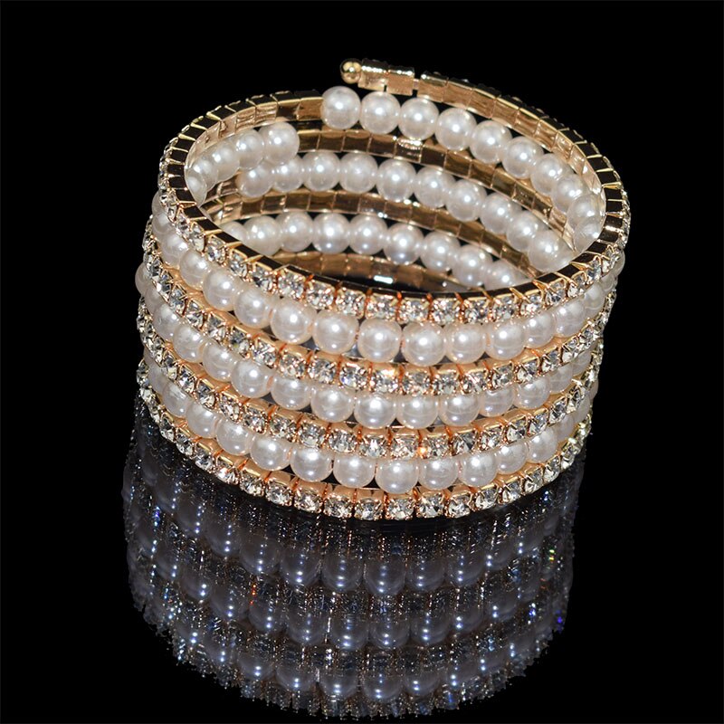 Bracelets multicouches élégants en cristal pour femmes, Imitation perle, plaqué or et argent,: 7 rows of gold