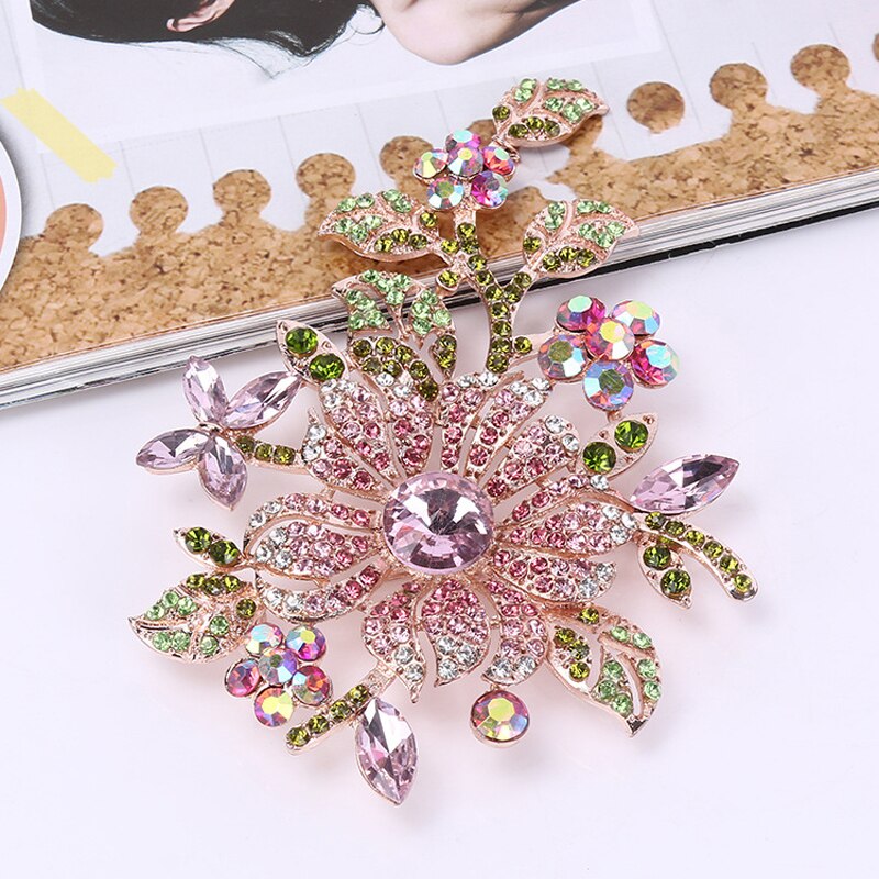 Big Pink Crystal Flower Brooch Rhinestone Pin Romantic Wedding Bride Bridesmaid Large Brooches For Woman Jewelry