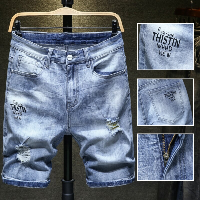 Sommer mænds slanke lyseblå denimshorts afslappet stretch-hul korte jeans tøj af mænds mærke