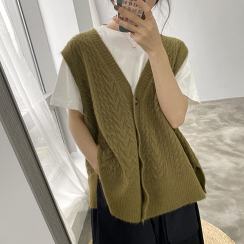 Mouwloos gebreid vest dames losse v-hals trui dames vintage kleding effen knoop winter en herfst korea: Groente