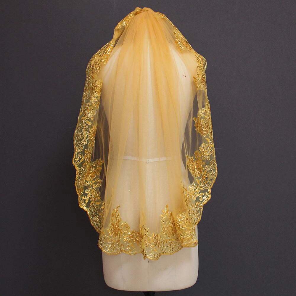 Gold Lace Appliques with Sequins Wedding Veil One Meter One Layer Bridal Veil Colorful Veil for Bride Velo de Novia