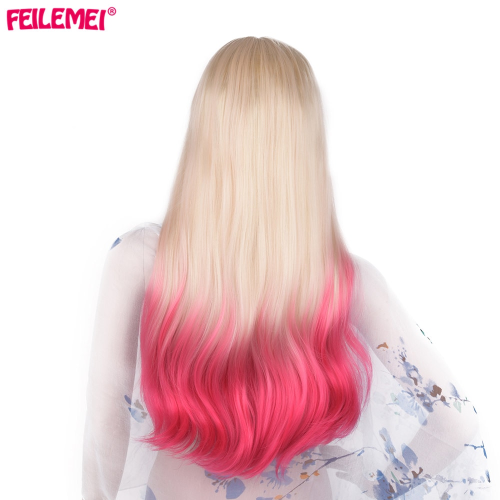 Feilimei Ombre Blonde Roze Pruik Synthetische Japanse Vezel Lange Golvend Haar Extensions 60Cm 300G Grijs Paars Gekleurde Cosplay pruiken