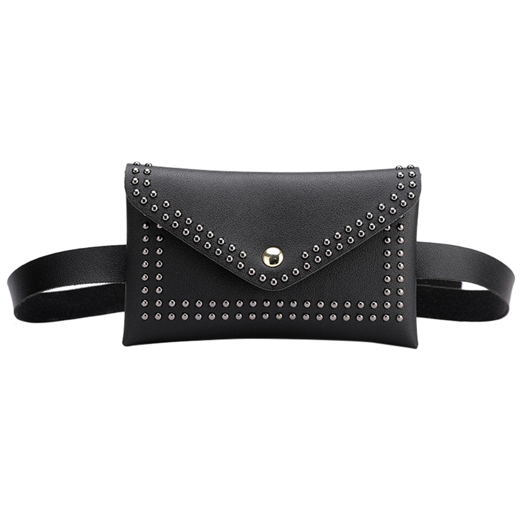 Solid Color Rivets Leather Waist Bag Women Hasp Small Mobile Pouch Chest Pocket Belt Bag Female Crossbody bag fanny pack#LR1: Black