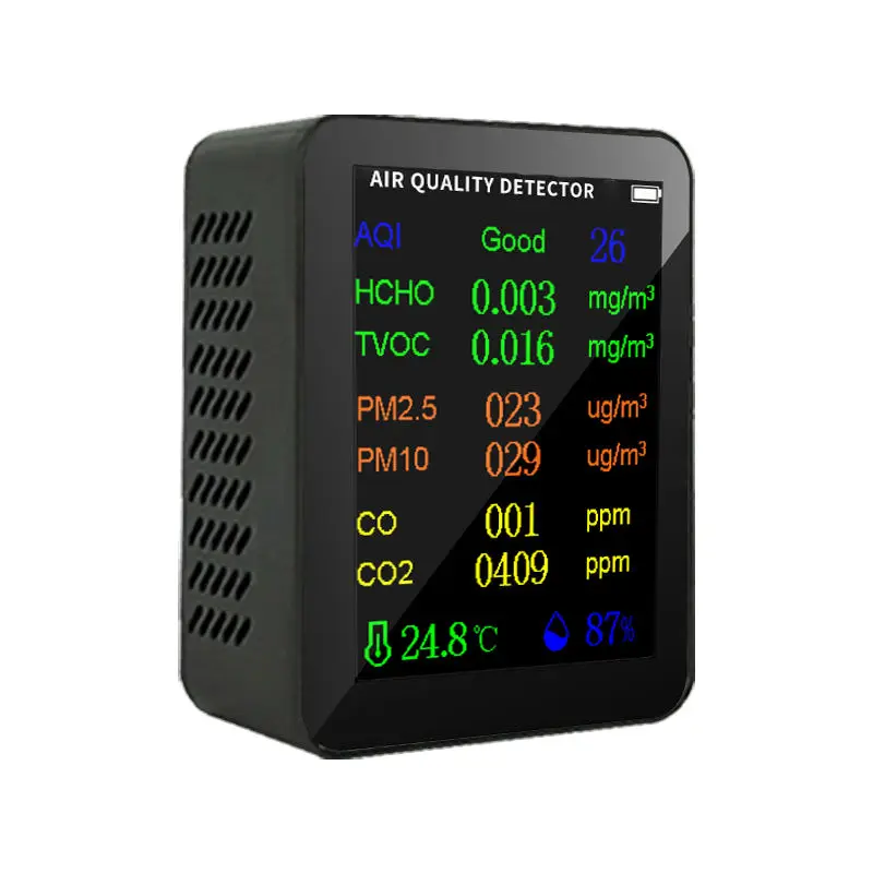 10-in-1-Luftqualitätsmonitor, CO2-Messgerät, Kohlendioxid-Detektor, PM2,5, PM10, TVOC, HCHO AQI-Tester mit Temperatur- und Feuchtigkeitsmessung: Black
