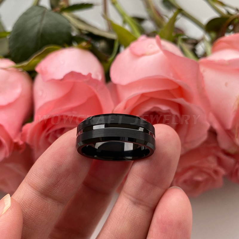 8 Mm Black Tungsten Carbide Ring Wedding Band Voor Mannen Vrouwen Gegroefde Center Geborstelde Afwerking Comfort Fit Graveren Gratis