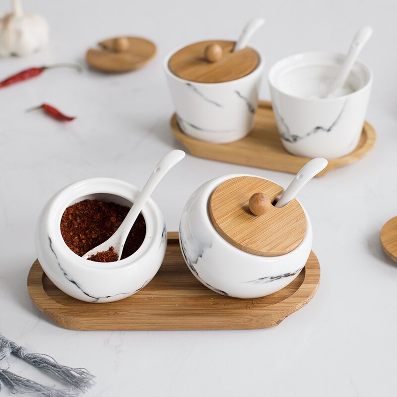 Japanese marbled ceramic seasoning jar set kitchen seasoning box wooden tray wood cover oil salt can seasoning bottle c