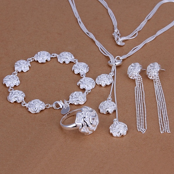, Bruiloft sieraden noble charm vrouwelijke Rose ketting armbanden ring Oorbellen Zilveren kleur sieraden sets S241