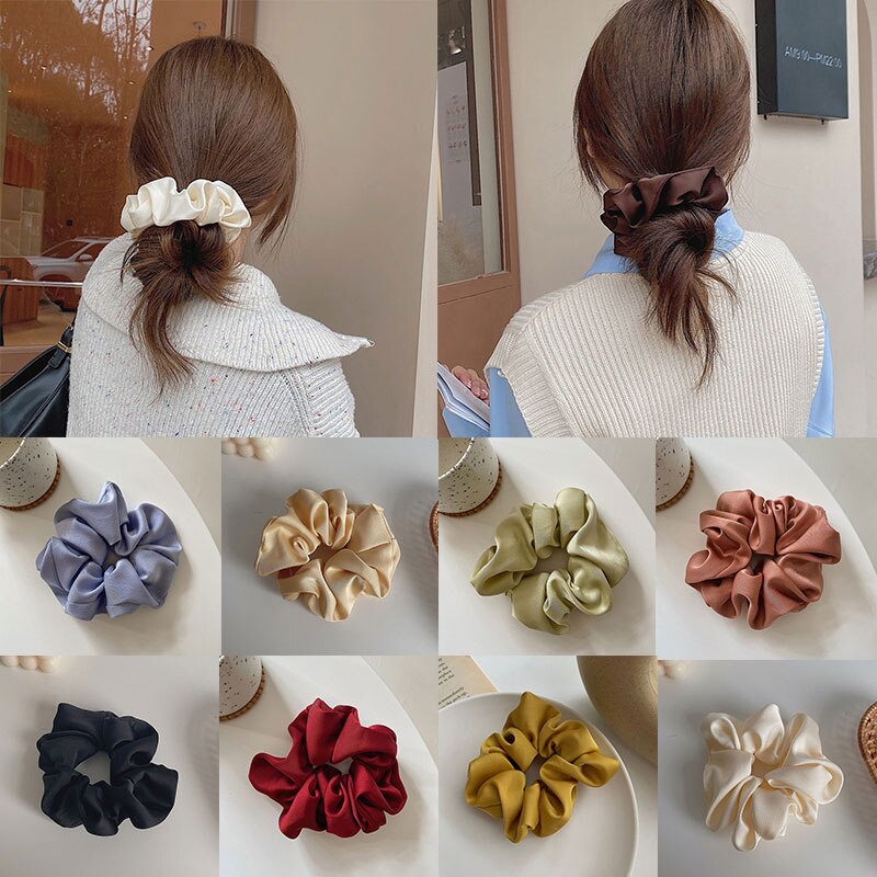 Scrunchie de seda elástica Multicolor para mujer, banda para el cabello, soporte para cola de caballo, diadema, accesorios para el cabello, lazos para el cabello de Color sólido de seda satinada, 1 pieza