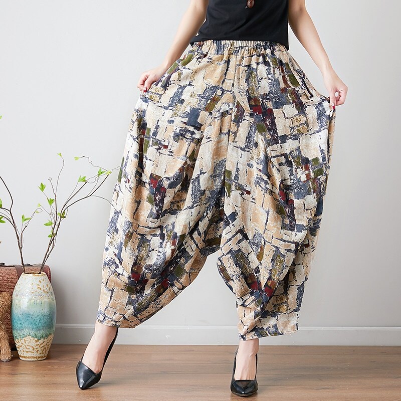 China Style Baggy Harem Pants Women Causal Print Cross-Pants Loose Trousers Lantern Wide Leg Cotton Linen Retro Pants Plus 11435