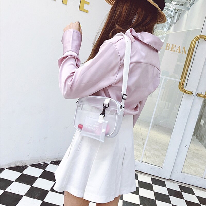 Casual PVC Transparent Shoulder Bag Clear Woman Cross-body Bags Jelly Small Phone Bags With Card Holder Wide Straps Flap