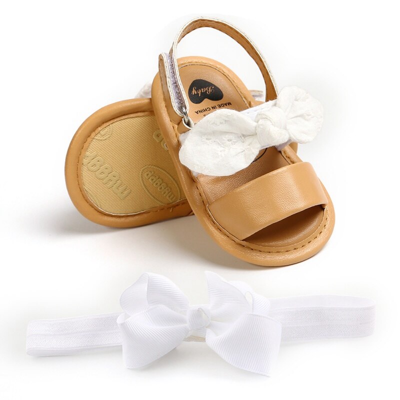 Bebê meninas bonito arco sandálias pu princesa sapatos de fundo macio sandálias da criança com branco rosa bandana conjunto de duas peças novo