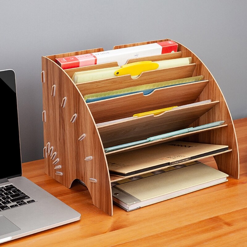 Fan-Shaped Wooden Desktop File Holder Office Desk Organizer DIY Document File Cabinet Multifunction Magazine Book Desk Shelf Sta