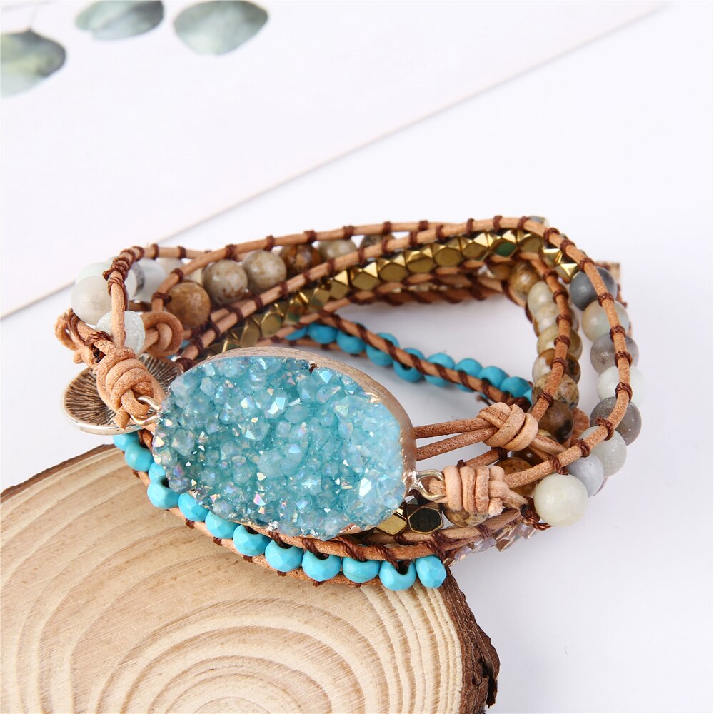 Bohemian Kralen Natuursteen Armband Ovale Cuboid Power Stone Hand Geweven Lederen Armband Vrouwen Armband Op Hand