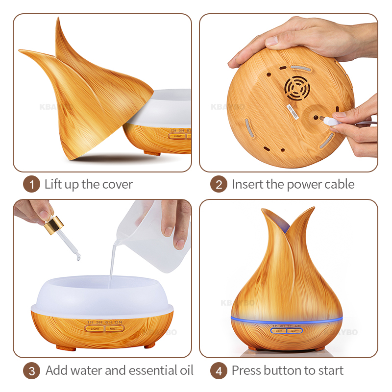 KBAYBO 400ml Aroma Essential Oil Diffuser Ultrasonic Air Humidifier with Wood Grain 7 Color Changing LED Lights for Office Home