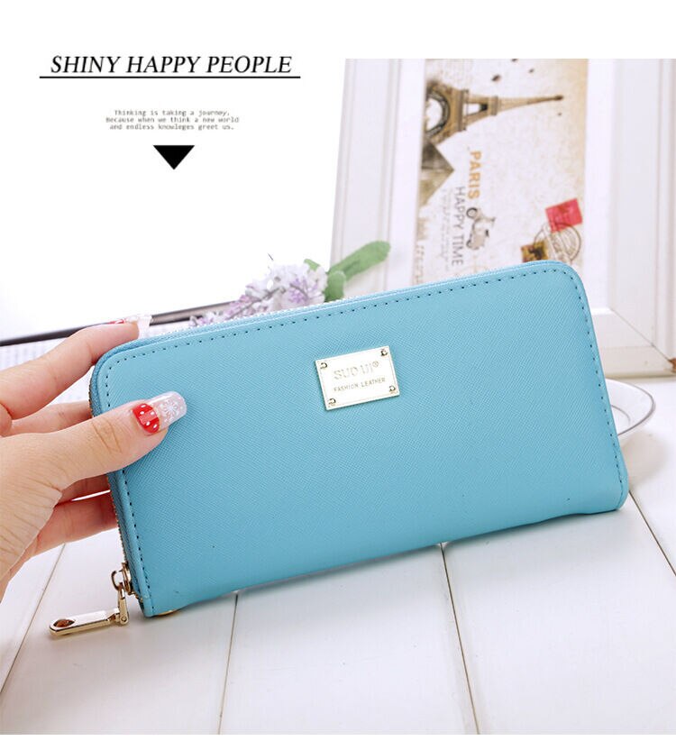 femmes en cuir portefeuille dame carte porte-monnaie longue sac à main pochette sac à glissière: Bleu ciel