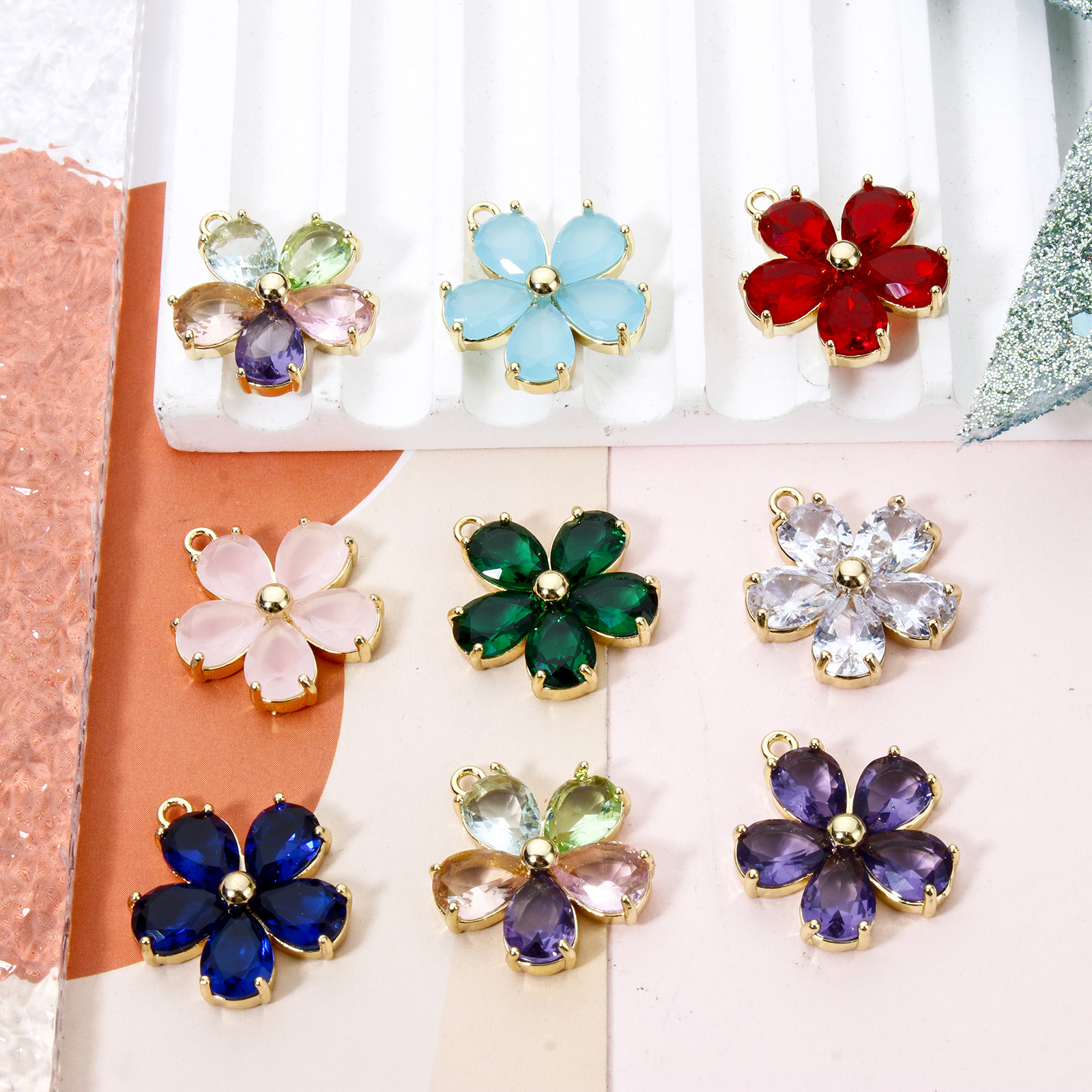 Breloques en laiton pour femme, fleur de document en or, pendentif en verre multicolore, collier à faire soi-même, boucles d'oreilles, résultats de bijoux, 21mm x 18.5mm, 1PC,