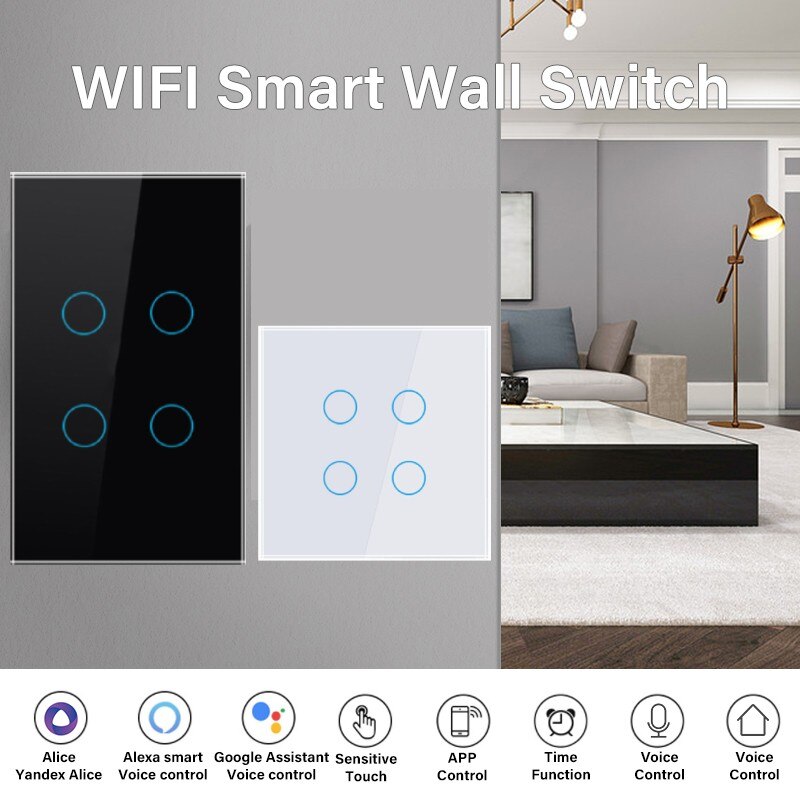 Interruptor de pared inteligente con Wifi para el hogar, enchufe de pared con 1, 2, 3, 4 entradas, funciona con Yandex, Alice, Alexa y Google, Tuya, UE y EE. UU.