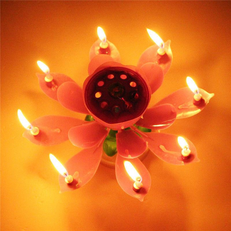 Music Birthday Candle Lotus Flower Rotating Happy Birthday Musical Candle Party DIY Cake Decoration Candles For Women Men Kids