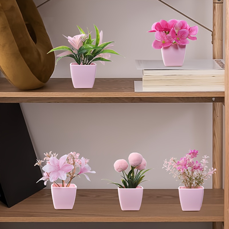 5 plantas suculentas artificiais em vaso rosa - estilo bonsai em miniatura, folhas brancas e verdes, perfeitas para decoração de casa e escritório, Nordi