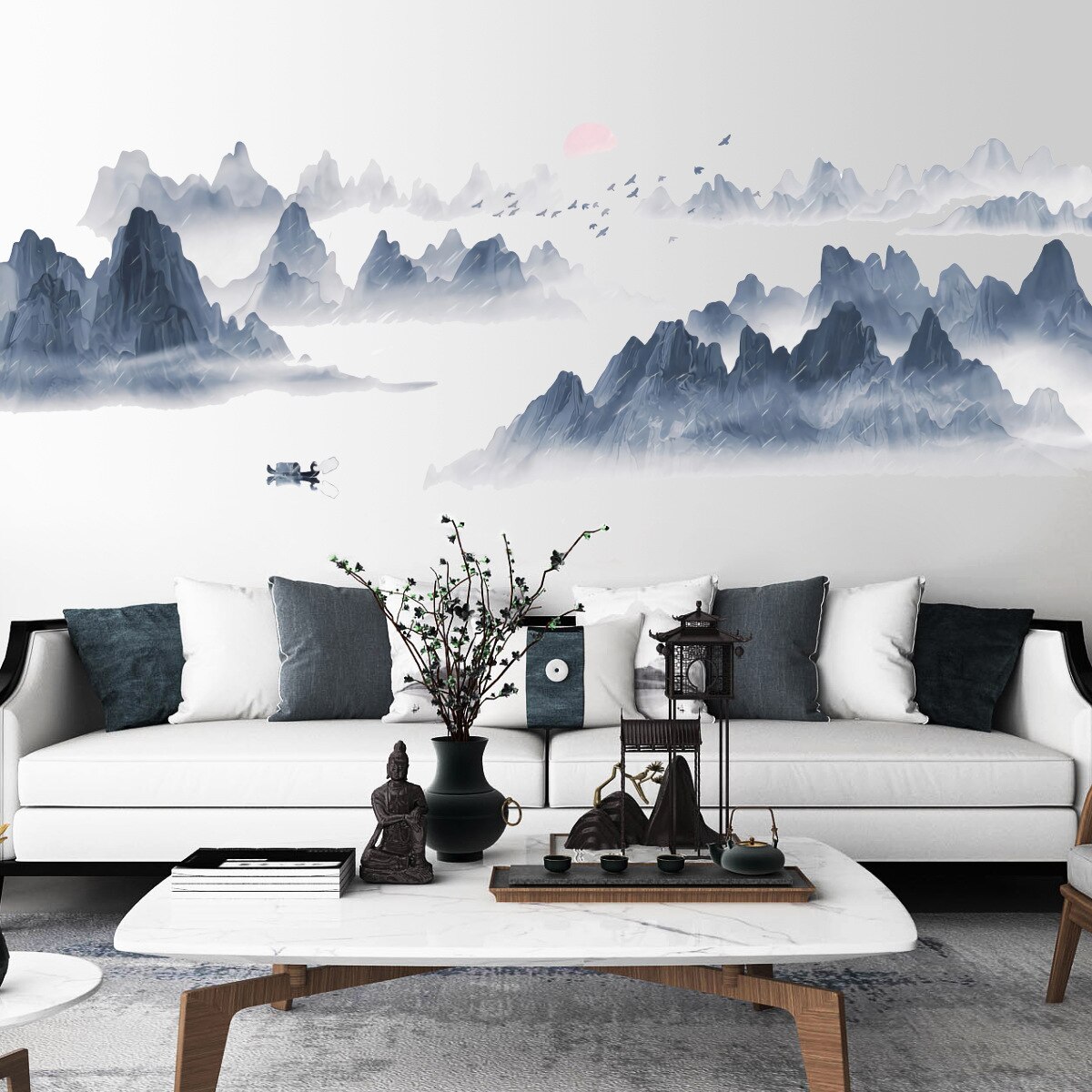 Chinese Style Sunset Landscape Wall Sticker Wallpaper Living Room Bedroom Background Mural Home Decor