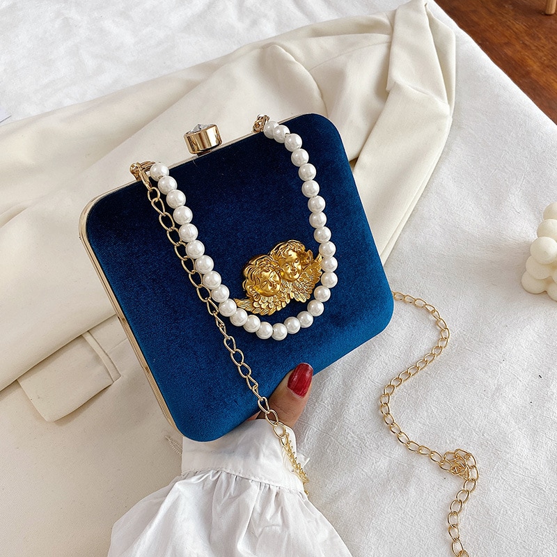 Retro barok engel præget kvinder skuldertasker perler håndtasker luksus fløjl boks crossbody taske dame små punge