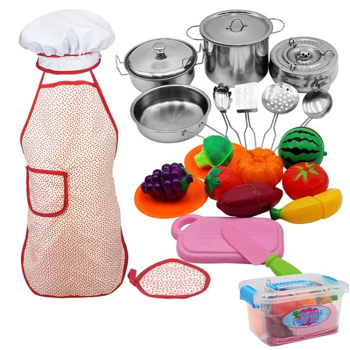 25Pcs Stainless Steel Kids House Kitchen Cooking Cookware Children Pretend Play Kitchen Playset Baking Clothes Apron: 25set