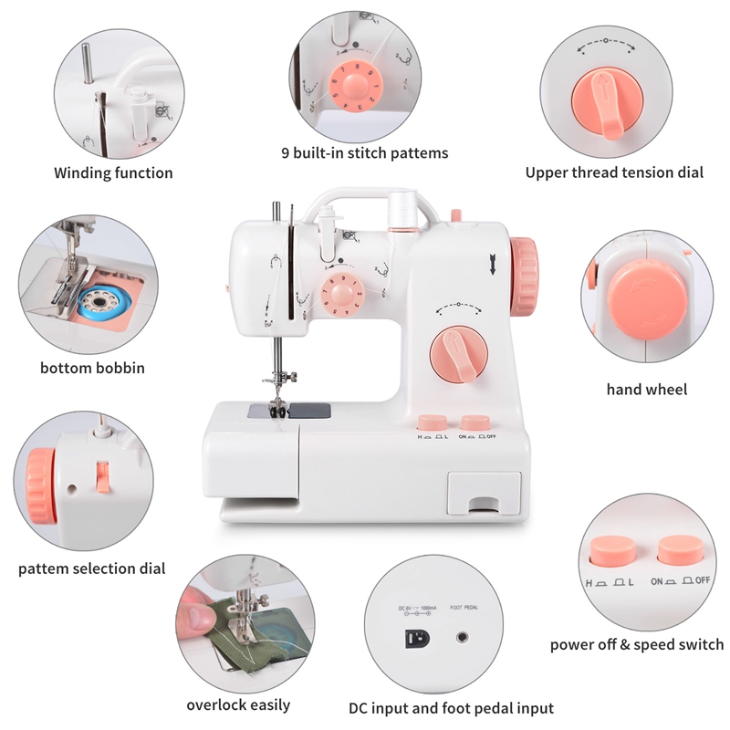 Best Mini Sewing Machine Built-In Light Mending Machine Dual Speed Double Thread Stitching Electric Pedal Sewing US Plug