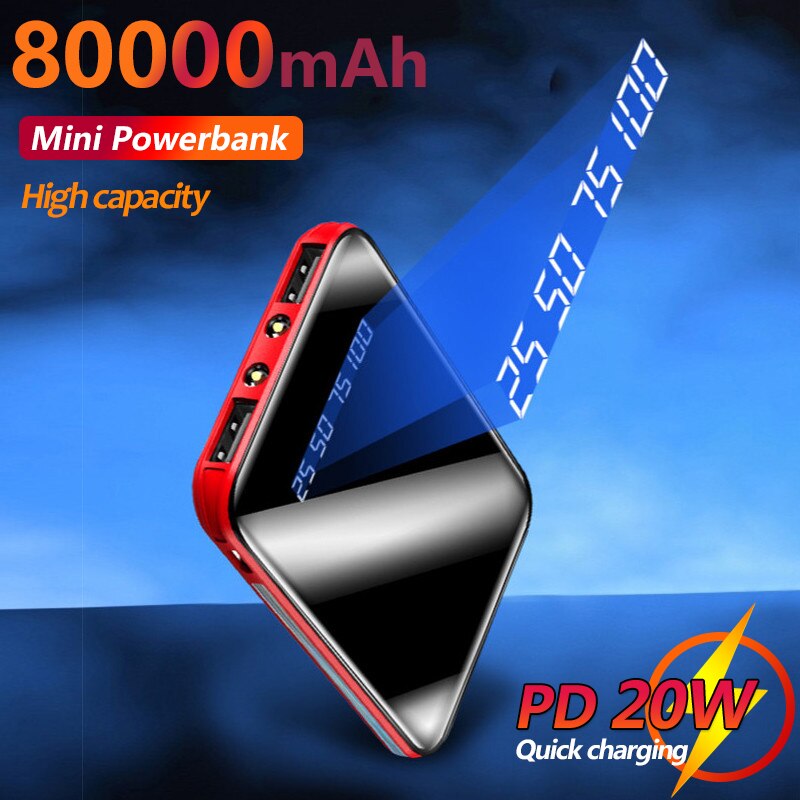 80000mAh Mini Ultra-thin Portable Power Bank Charger Digital Display 2USB Port Fast Charging External Battery For Xiaomi Samsung