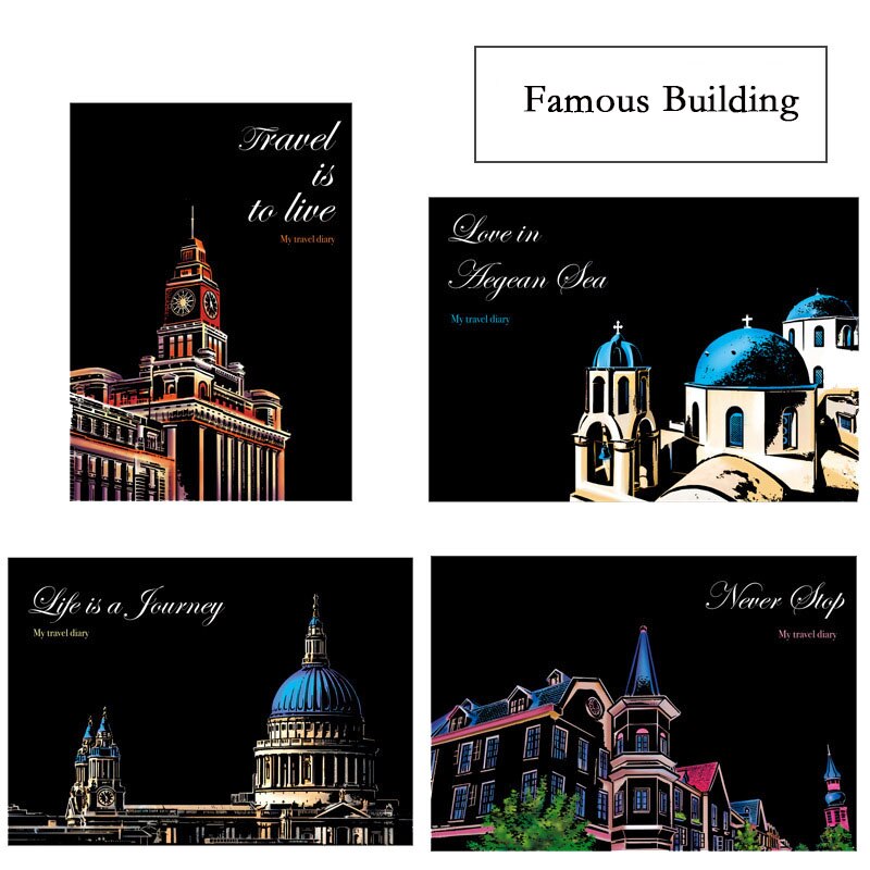 4 Pcs 29.5*21.5 cm A4 Magic Scratch Painting DIY manual Famous City Building Night View Scraping Paiting Drawing Toys For Kids: Famous Building