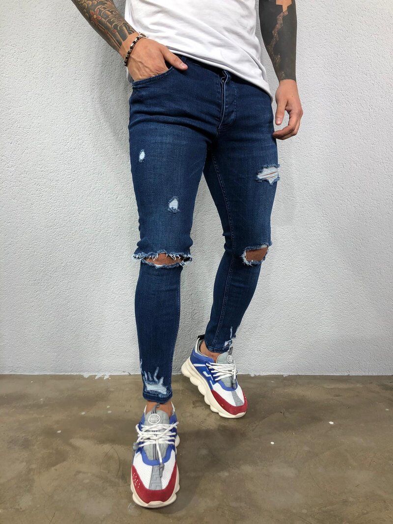 Homme déchiré crayon Pantalon Slim Denim couleur Pure motard jean détruit trou Hip Hop Slim homme rayé jean Hombre Pantalon