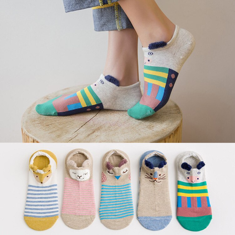 5 par/lot korea sommar tecknat djur kvinnor strumpor kanin katt räv båt strumpor bomull söt kawaii osynliga ankel strumpor