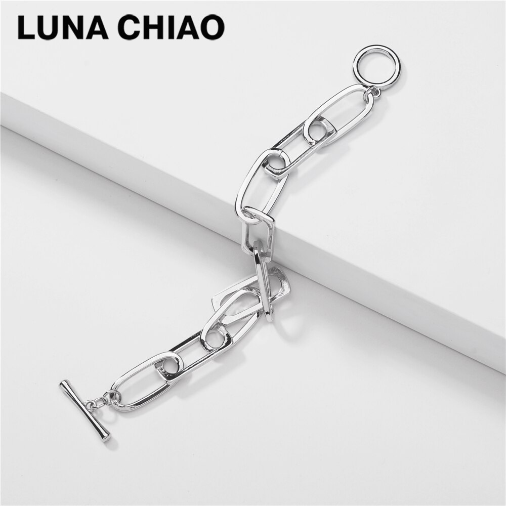 Luna chiao moda jóias grossas chunky metal corrente link pulseira de afirmação para mulher: silver