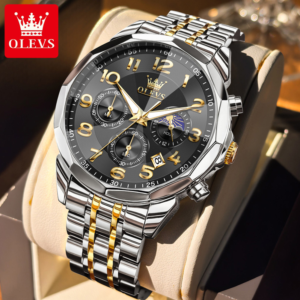 OLEVS 3676 Herenhorloge Quartz Horloge Multifunctionele Chronograaf Waterdicht Lichtgevende Maanfase Horloge Heren Originele Reloj: Coffee