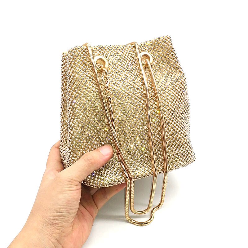 Casual women evening party cross body bag solid crystal handbag shining diamonds purses bridal wedding bag: Gold clutch