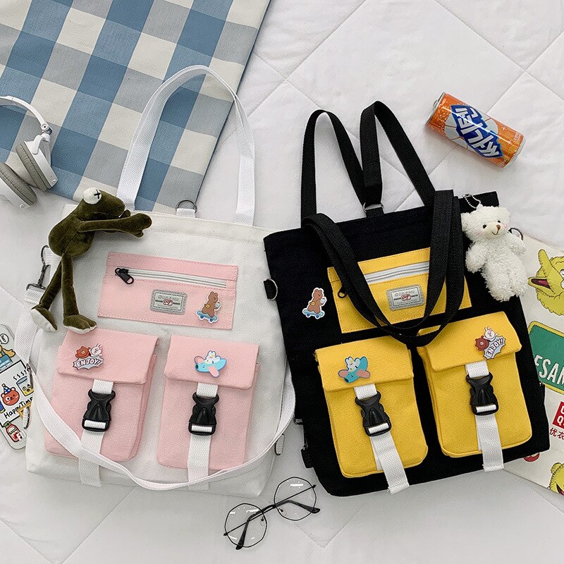 Student Backpack Book Bag Large-capacity Canvas School Class Female Bag Girls Canvas Shoulder Messenger Crossbody Bag