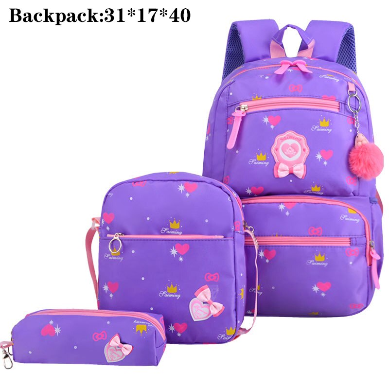3 Set Waterdichte Schooltas Mode School Rugzak Canvas Schoudertassen Afdrukken Meisjes Schooltassen Mochilas Kinderen Kids Bag: 8870 purple